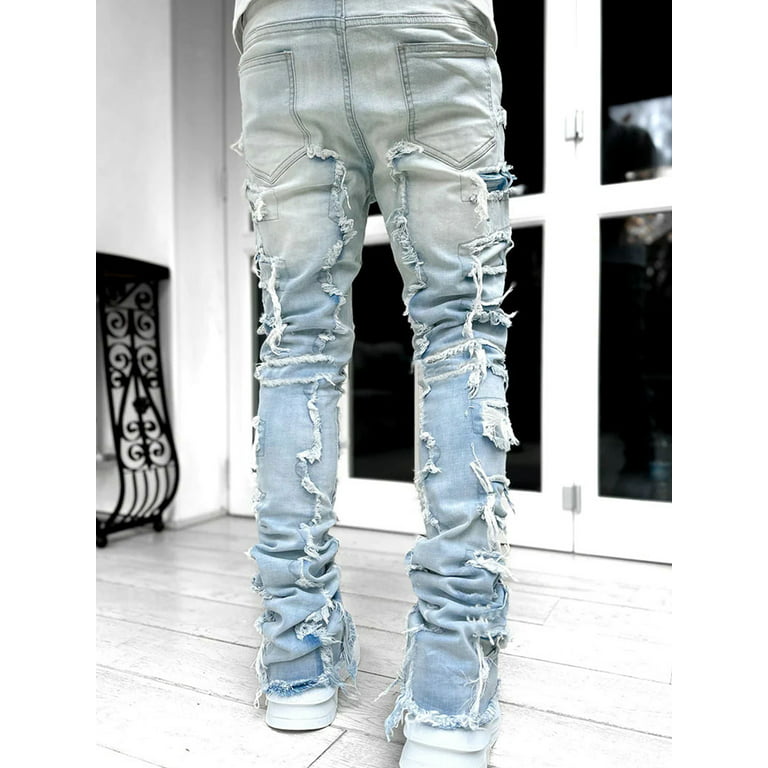 Sunisery Men's Regular Fit Stacked Jeans Patch Distressed Denim Pants  Streetwear,Light Blue
