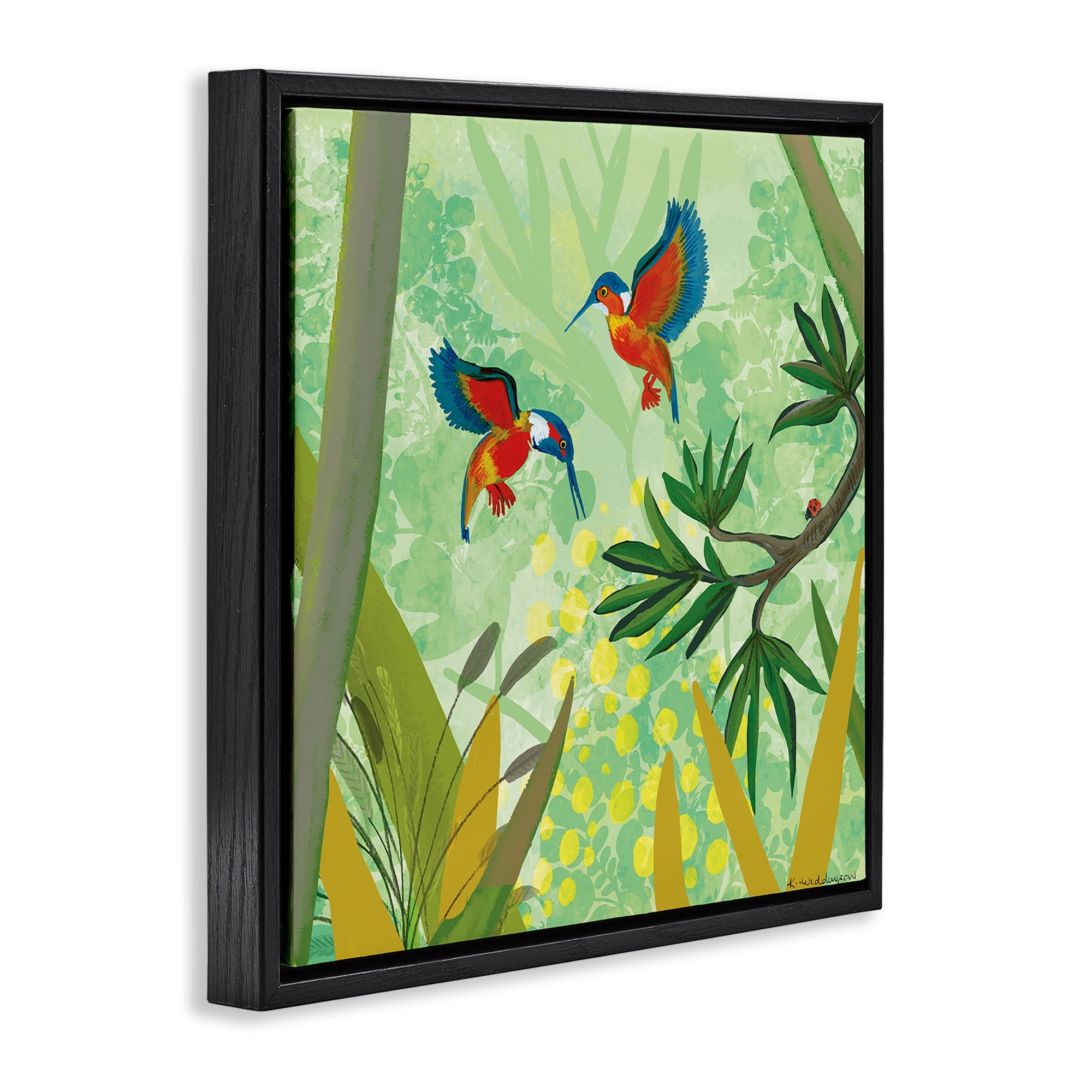 Stupell Industries Kingfishers in Jungle Branches Black Framed Floater Canvas Wall Art, design by Kay Widdowson