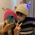 thumbnail image 2 of Cute Knitted Beanie Hat with Eyes Wear Resistant Solid Color LED Glowing Funny Cartoon Winter Warm Hat-Rose Red, 2 of 7