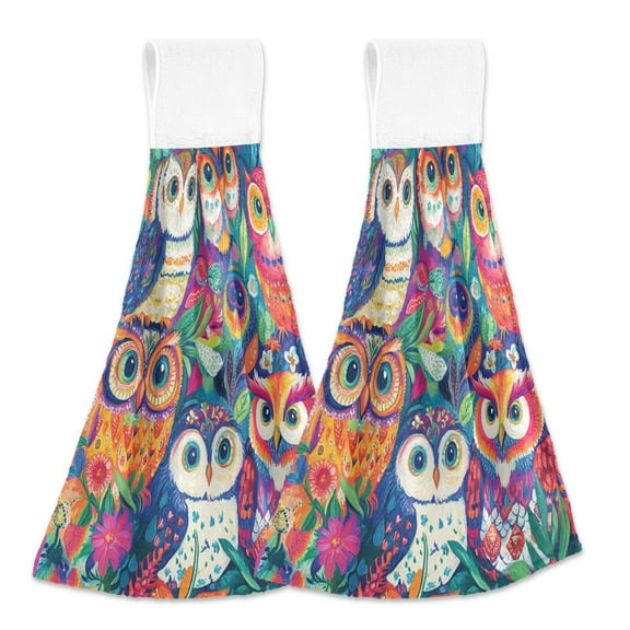 BZSMCE Hanging Hand Towels Fashion Fantasy Owls Amidst Petals Pattern 2-Pack - Velcro Style Bathroom Kitchen Towels