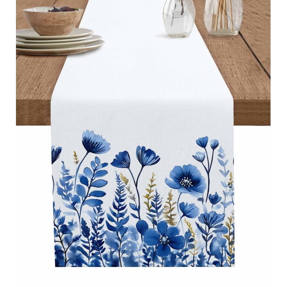 Blue Poppy Table Runner 36 Inches, Botanical Flowers Spring Garden Bed Runner Dresser Scarves Tabletop for Indoor Outdoor Parties/Ceremony/Banquet, 13"x 36"