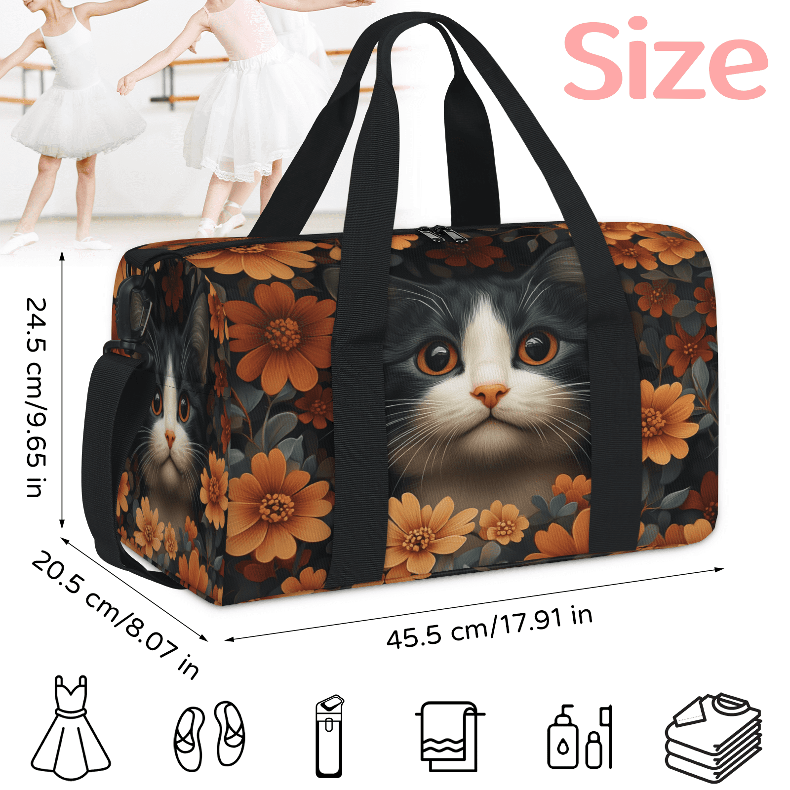 Herdesigns Cat Gym Bag for Women, Flower Cat Duffle Bag for Travel Sport, Lightweight Waterproof Carry on Weekender Overnight Dance Yoga Workout Bags