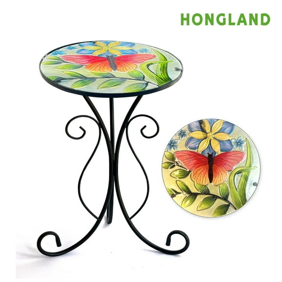 HONGLAND Small Outdoor Table, Pink Butterfly Patio Side Table for Porch ,Living Room-19 inch Height