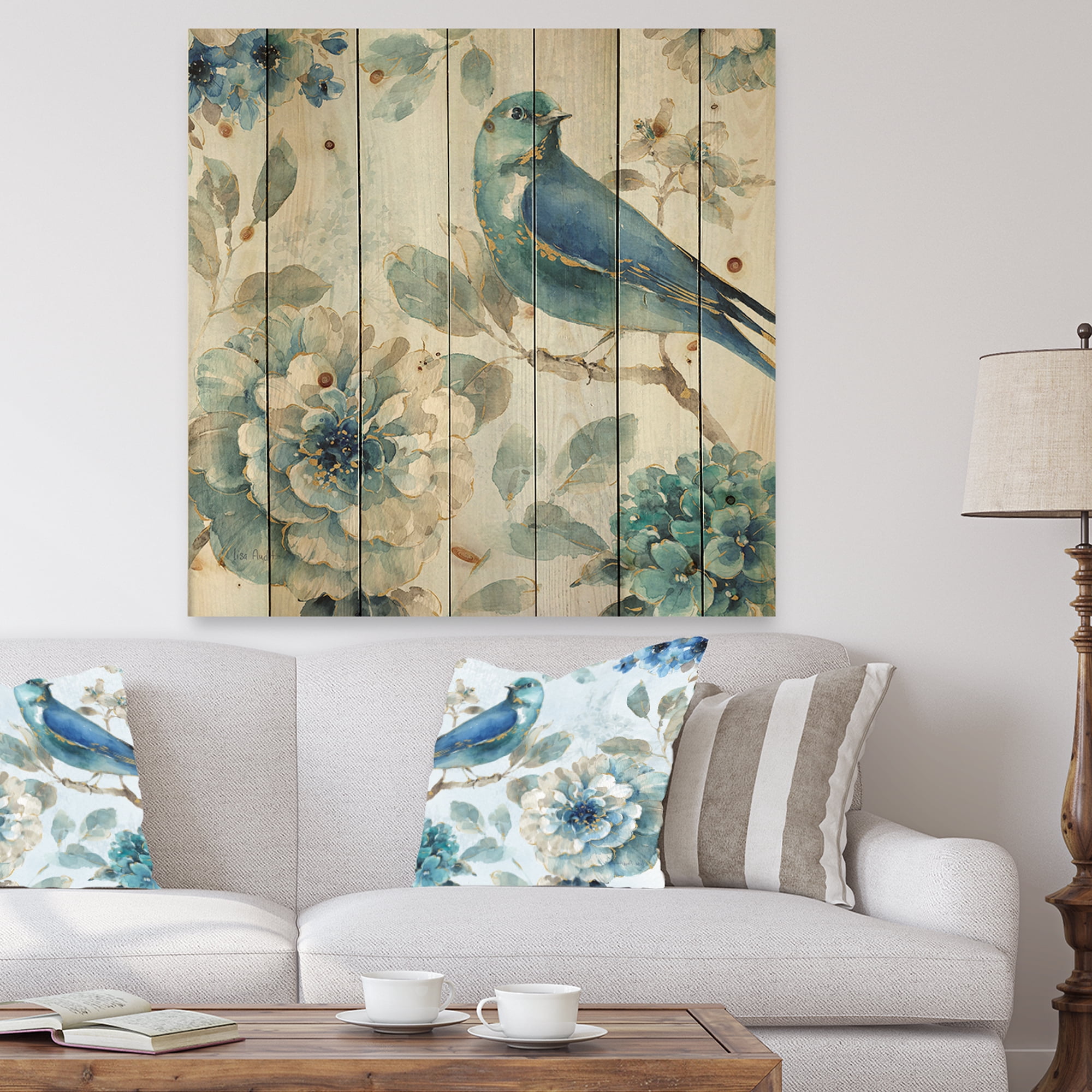 Designart 'Watercolor Indigold Lovely bird II' Farmhouse Print on Natural Pine Wood