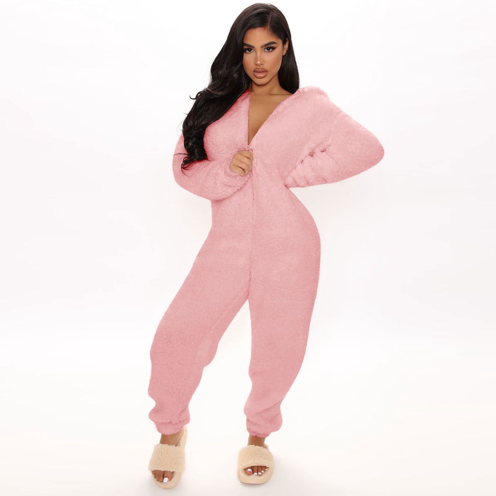 Uaswgudfs Womens Fleece Onesies Pajamas Jumpsuit Warm Romper Sleepwear One Piece Zipper Hooded Playsuit Loungewear Pink 2XL
