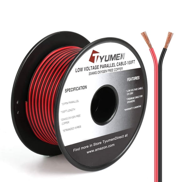 TYUMEN 100FT 20/2 Red Black Electrical Wire, Pure Copper Wire 20 Gauge 2pin Wire Low Voltage LED Strips Extension Cord, 20AWG OFC 12V/24V DC Extension Wire for LED Strips Lamp Lighting, Hookup Wire