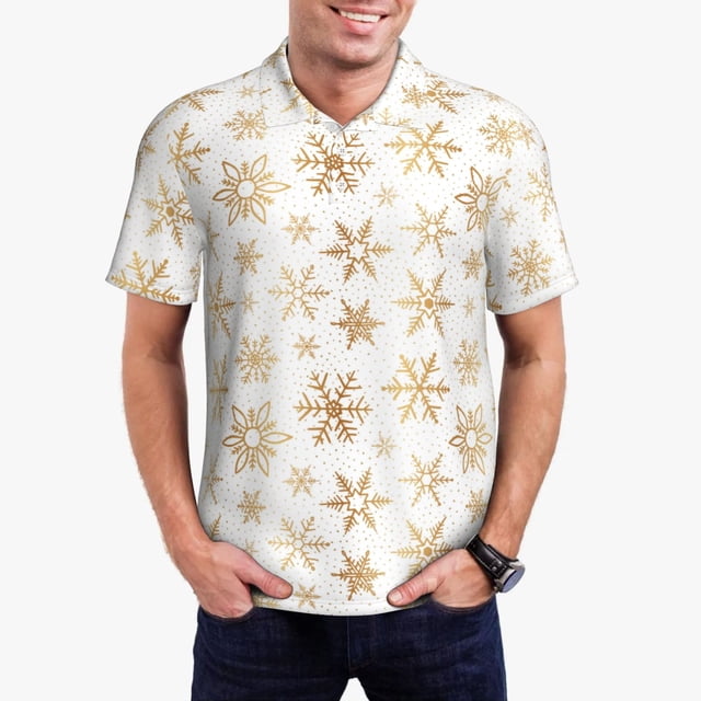 Fotbe gold Snowflake print Camiseta Polo de Golf para Hombre con Estampado – Camisa Deportiva Transpirable con Cuello Abotonado-XX-Large