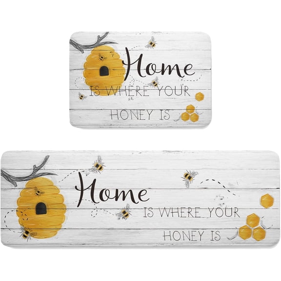 Kitchen Mat Rug Set of 2 Home is Where Your Honey is Bee Rustic Wood Runner Rug Anti-Fatigue Comfort Memory Foam Standing Mat Non-Slip Floor Door Mat for Bathroom 18x30in 18x60in