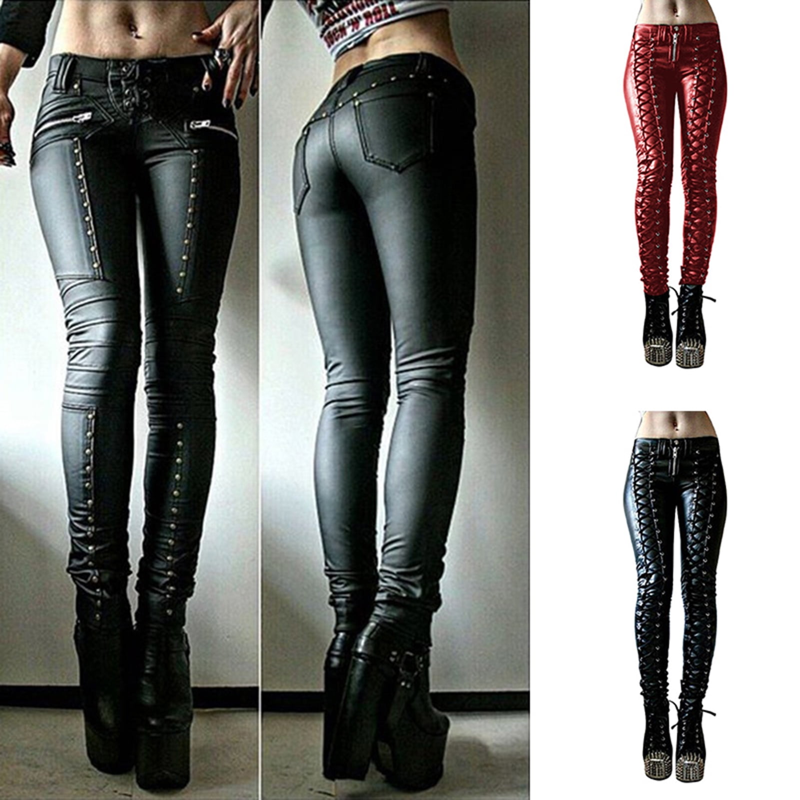 Steampunk Women Faux Leather Cosplay Pants Carnival Party Skinny Button Trousers