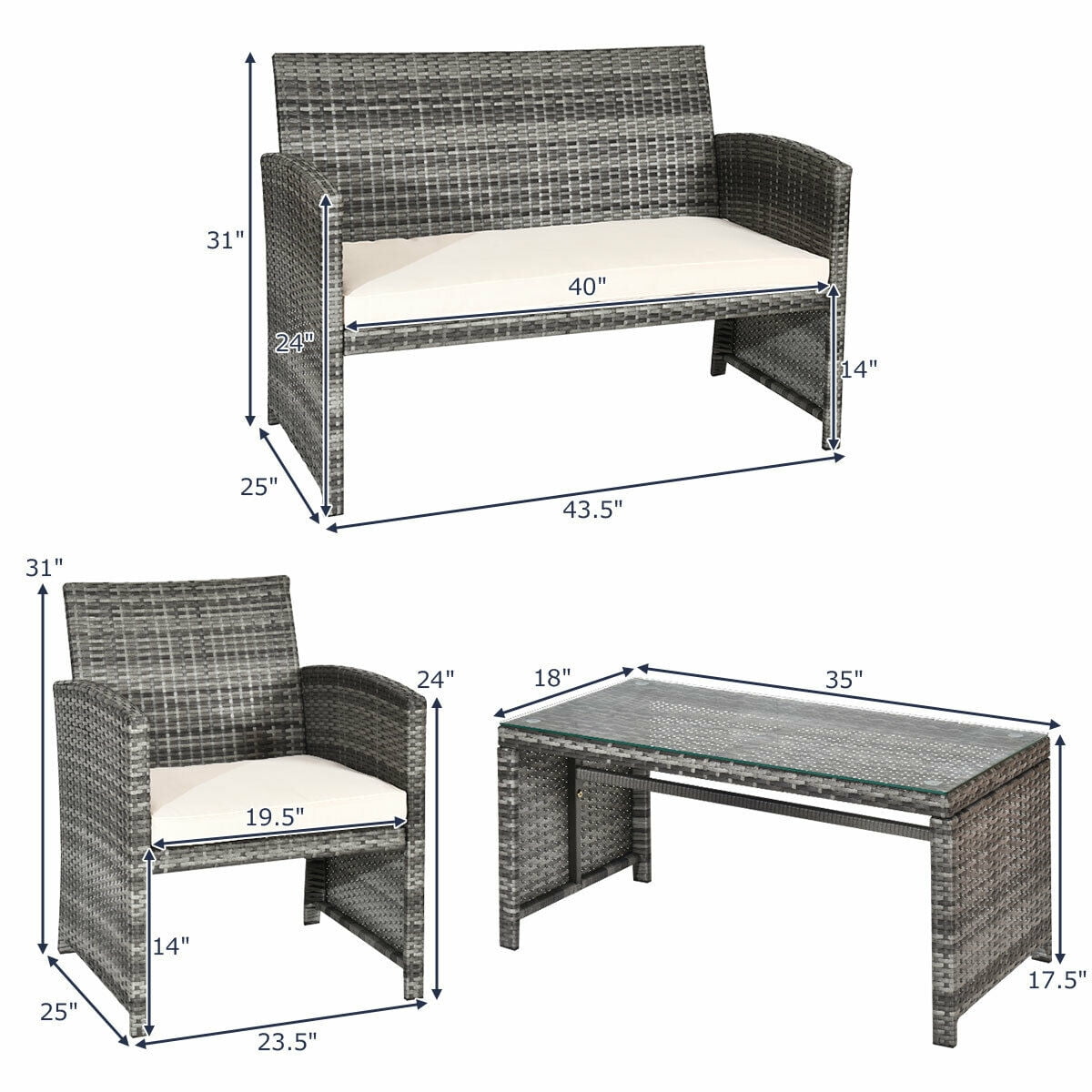 Costway 4PCS Rattan Patio Furniture Set Garden  Sofa Cushioned Seat Mix Gray Wicker