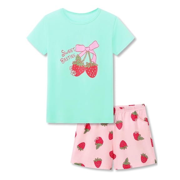 Beezizac Cotton Pajama for Girls - Green & Pink Strawberry Short Sleeve Set 2-Piece Kid Sleepover PJ Size 6