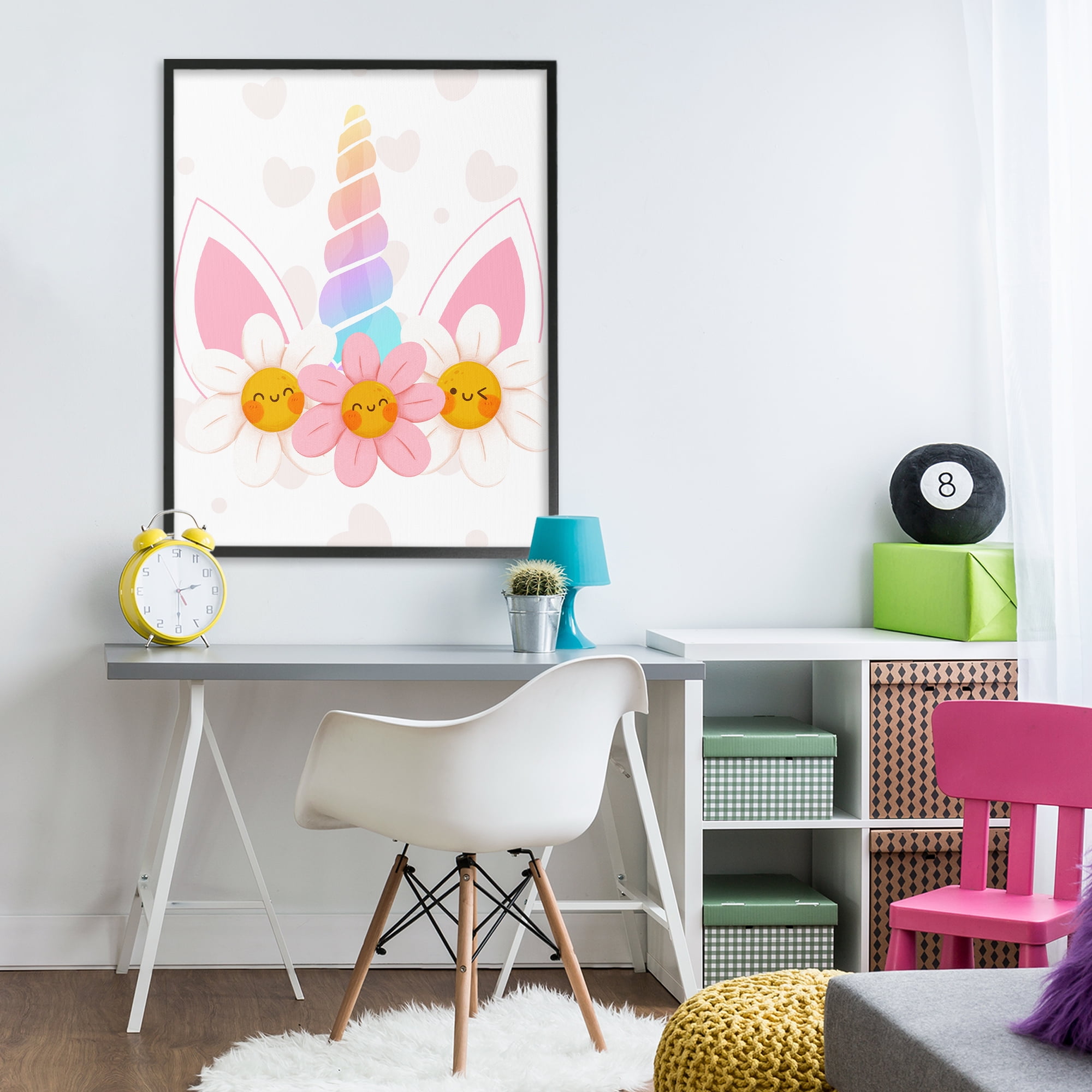 Daisy Unicorn with Hearts Black Framed Giclee Art, design by Jesse Keith