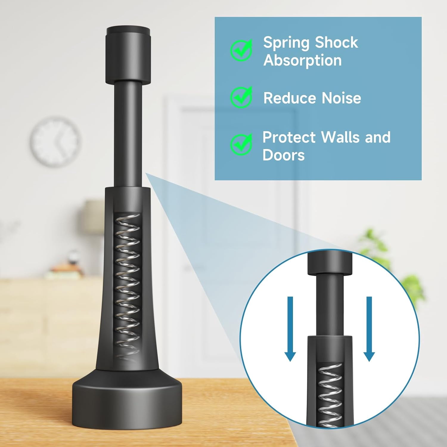 JJEAN-2PCS Matte Black Door Stoppers for Wall - 4.33 Inch Spring Door Stop for Bottom of Door, Aluminum Doorstopper with Silicone Tip, Screw & Adhesive Installation