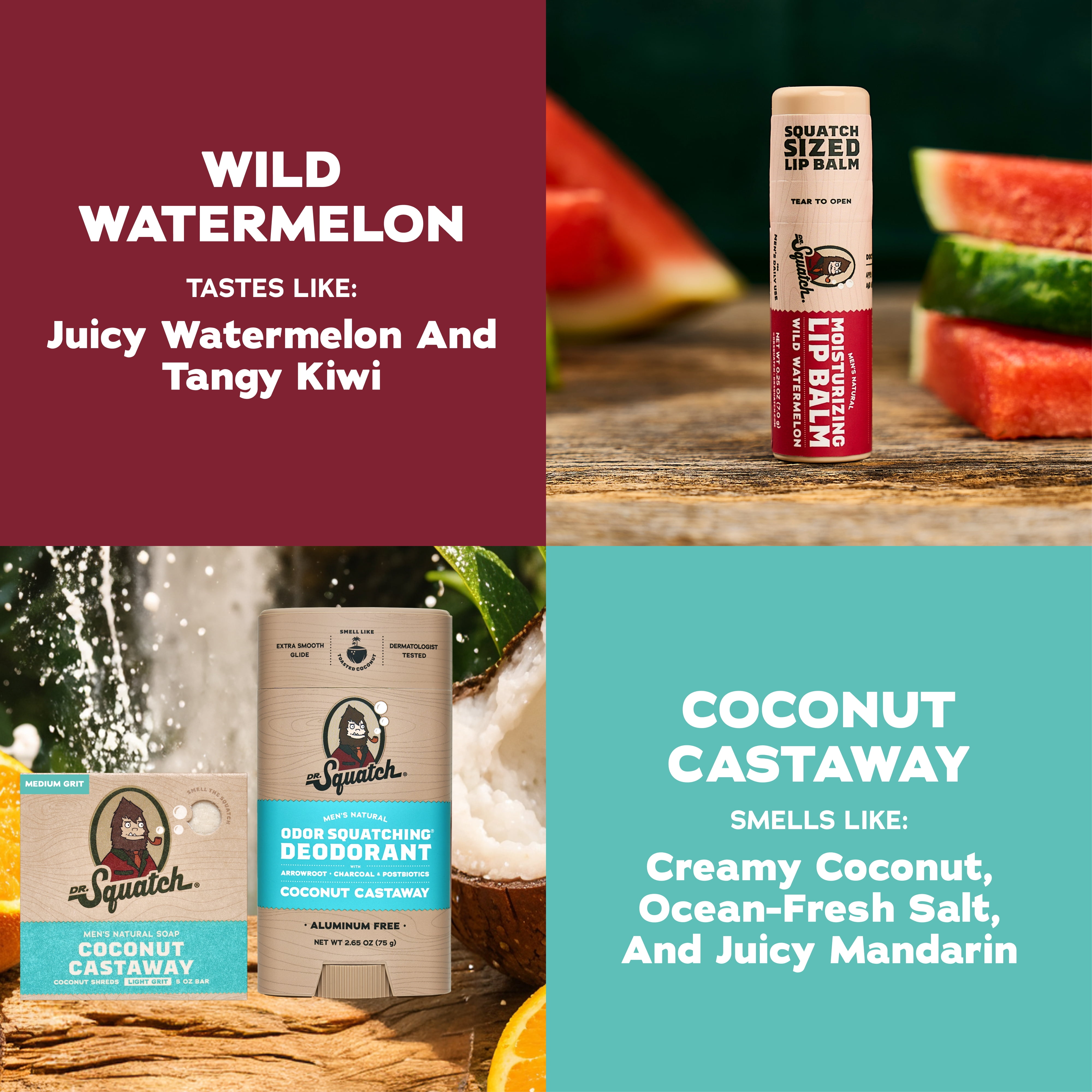Dr. Squatch Holiday Gifts for Men – Natural Bar Soap, Aluminum Free Deodorant & Lip Balm – Coconut Castaway + Wild Watermelon (3-Pack)