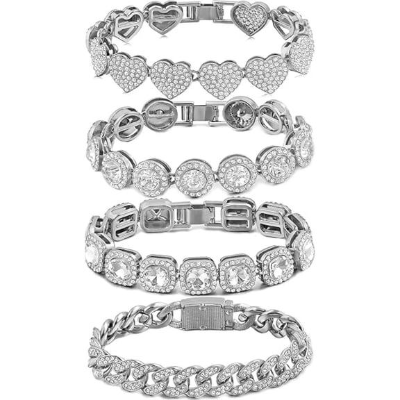 4-PCS Crystal Cuban Chain Bracelet Set, 2000 Sparkling Rhinestones Layered Tennis Heart Link Bracelets, Giftable Jewelry for Women Girlfriend Wife on Birthday Valentine's Day