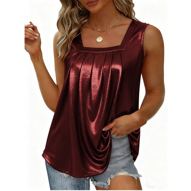 ZVNAΖH Women's Plus Size Shiny Metallic Sleeveless Tank Top, Sweet Square Neck Ruched Flowy Blouse for Casual Party, S-5XL