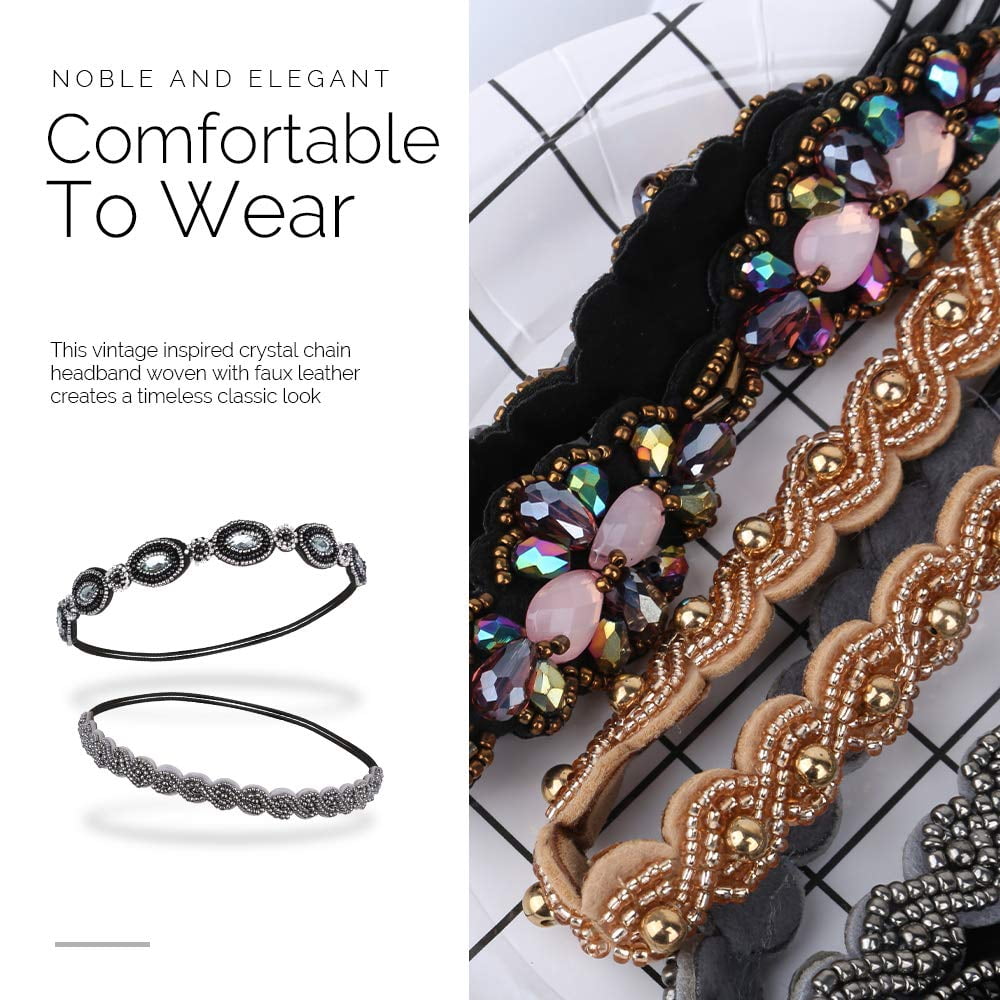 5pcs Elastic Beaded Headbands, Jewels Hairbands Hat Bands, Crystal Rhinestone Headband for Women Girls