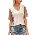 thumbnail image 2 of Camiseta de mujer de manga corta con cuello en V, color block, camiseta holgada de verano, marrón, S Vogacara AP001239-13, 2 of 7