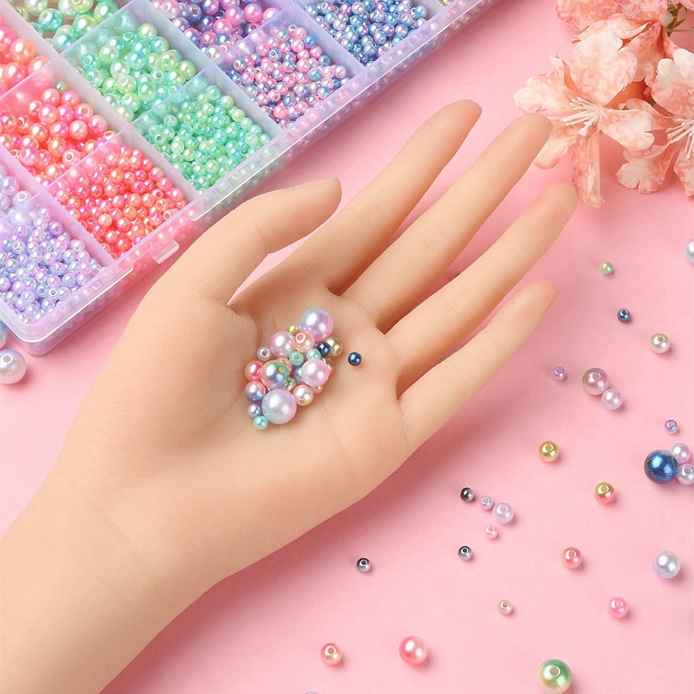 Rainbow ABS Plastic Imitation Pearl Beads Gradient Mermaid Pearl Beads Round Mixed color 4~10x3.5~9mm Hole: 1.2~1.6mm 2920pcs/box ABS Plastic