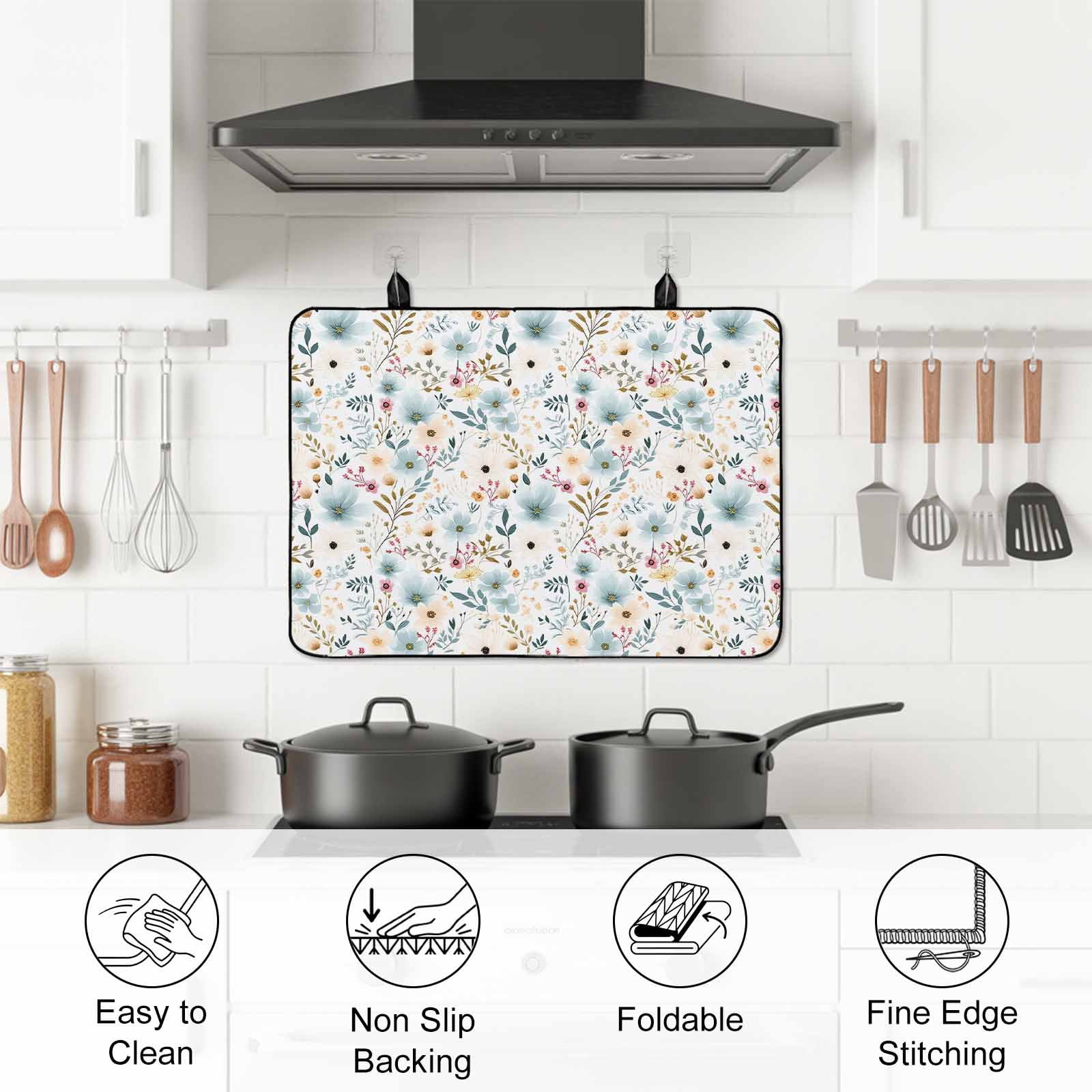 Pastoral Botanical Stove Top Cover for Electric Stove, Heat-proof & Non Slip Glass Top Stove Cover Protector, Watercolor Teal Yellow Spring Floral Kitchen Flat Cooktop Rubber Mat 24x21 Inches