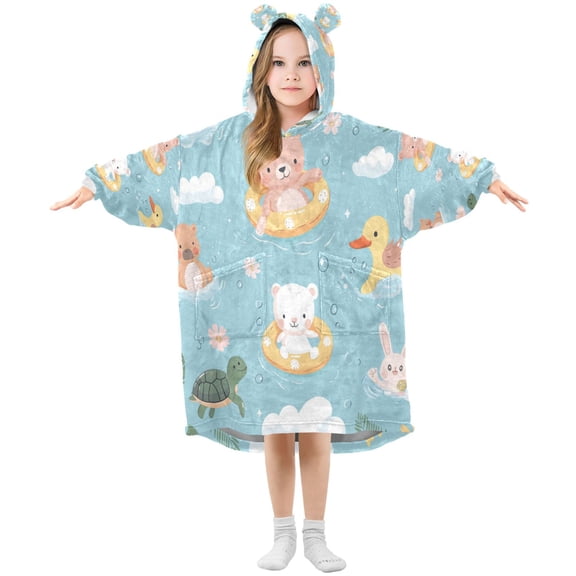 Wearable Blanket with Sleeves and Pocket Oversized Hooded Sweatshirt 3-14 YR Cute Summer Animals Pattern S