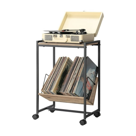 BTY Record Player Stand, 2-Tier Turntable Table with Vinyl Record Storage Shelf, Multi-Functional End Table/Nightstand with Metal Frame & Removable Wheels, Beige