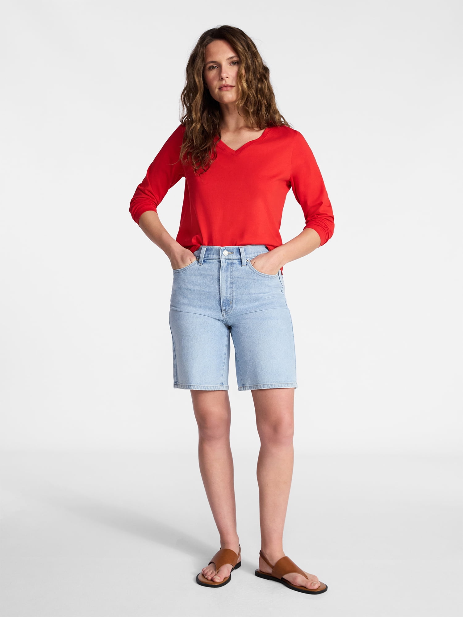 Time and Tru Women's Cotton V-Neck Tee with Long Sleeves, Sizes XS-XXXL