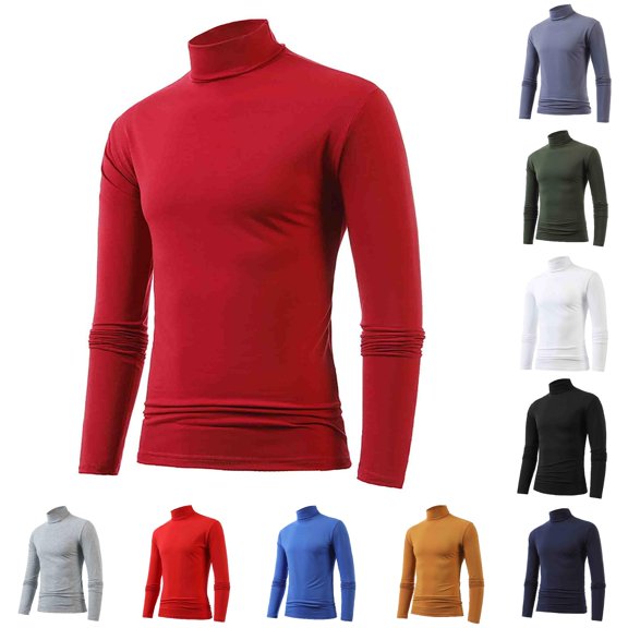 FINALGANG Mens Turtleneck High Neck Stretchy Soft Solid Color Long Sleeve Top Slim Fit Thermal Base Layer Daily Casual Shirts For Daily Wear Classic Top Red L