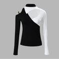 thumbnail image 3 of Ladies Long Sleeve Slim Tops Black and White Patchwork Cutout Hollow Turtleneck Tshirts Pullover Blouses Black1,M, 3 of 5