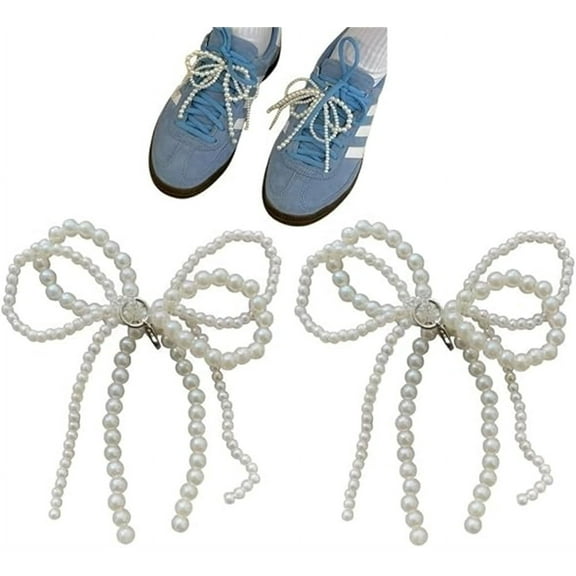 QZS 1Pair White Shoe Charms for Sneakers,Pearls Bowknot Shoe Decoration Charms,Dress Shoes Elegant Buckle,Beaded Chain DIY Shoe Lace,Casual Shoes Accessories,for Wedding Birthday Gift
