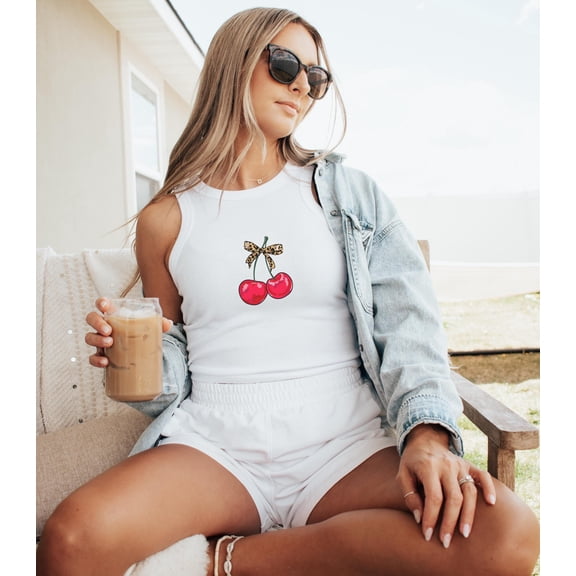 Leopard Bow Coquette Tee, Cherry Tank Top, Girly Y2k Rib Racer Tank, Cute Fruit Girls Crop Top, Summer Fruit Tank Top, Vintage Fruit Tank, 90s Tee