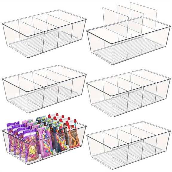 6 Pack Clear Pantry Organizer Bins, Plastic Storage Containers for Snacks Pouches Spice Packets, Fridge Kitchen Cabinet Organizer