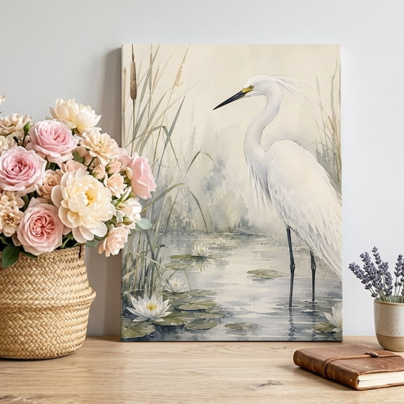 White Egrets Canvas Wall Art for Living Room, Minimalist Heron Bird Lake Wetland Reeds Cattails Poster Print Painting for Bedroom Office Home Decoration Wall Pictures Prepare To Hang 16"x24"