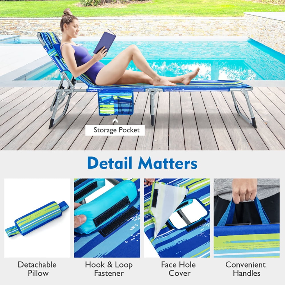 Aimee Lii Folding Beach Lounge Chair with Pillow for Outdoor, Patio Loungers, Blue & Green