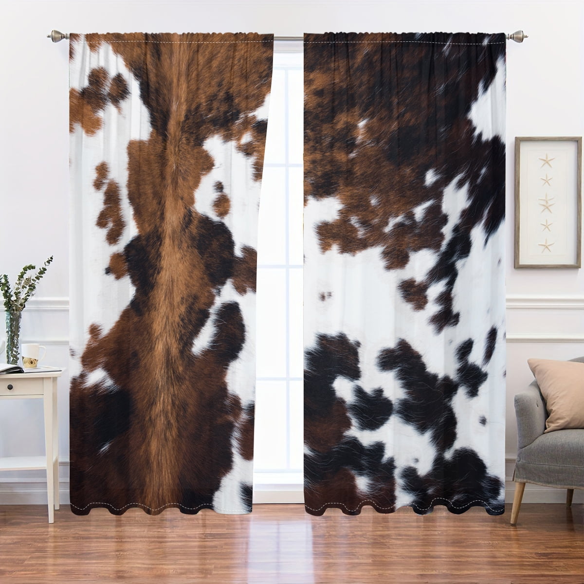 WNOOHIY Vintage Country Farm White Brown Cow Cowhide Print  Curtain for Bedroom and Living Room, Set of 2 Panels