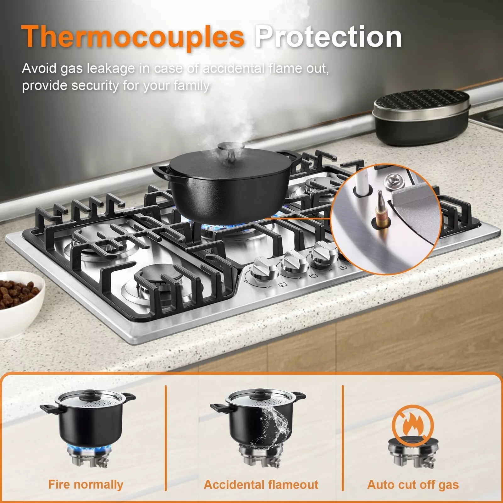 AMZGACHFKTCH 5 Burners Gas Cooktop Stainless Steel Reversible Grill