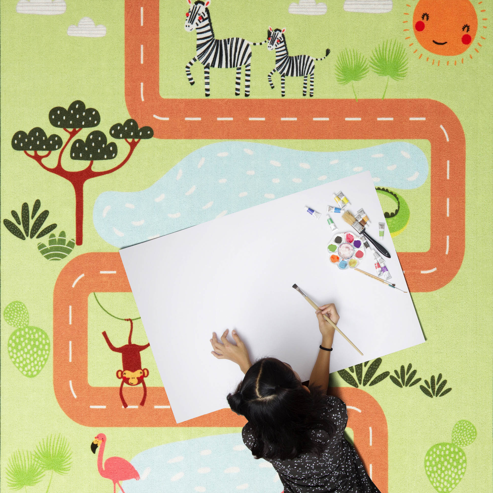 Everwash™ Imagine Jungle Road Kids Machine Washable Area Rug, Green/Yellow, 4'x6'