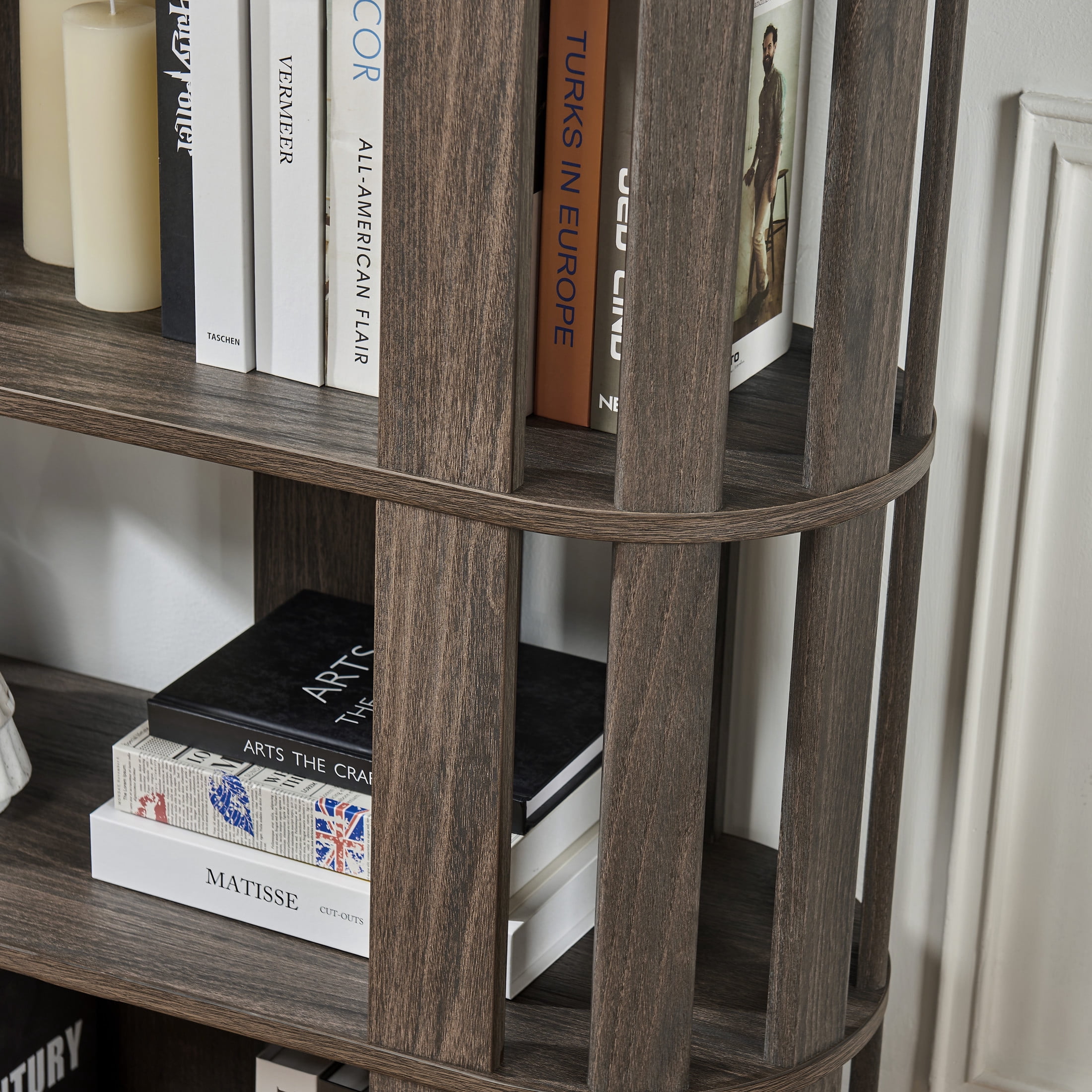 GDF Studio Lexair 5-Tier Wooden Oval Open Bookshelf with Curved Grid Frame, Storage Display Bookcase Rack, Dark Brown