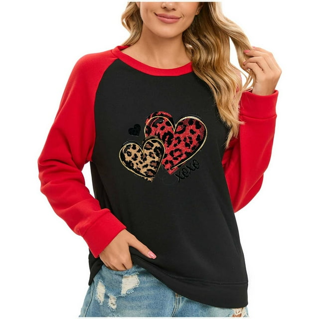 VALMASS Chandails Surdimensionnés de la Saint-Valentin pour Femmes Manches Raglan Col Rond Hauts Décontractés Amples Imprimés Blouses (2TG, Noir-E)