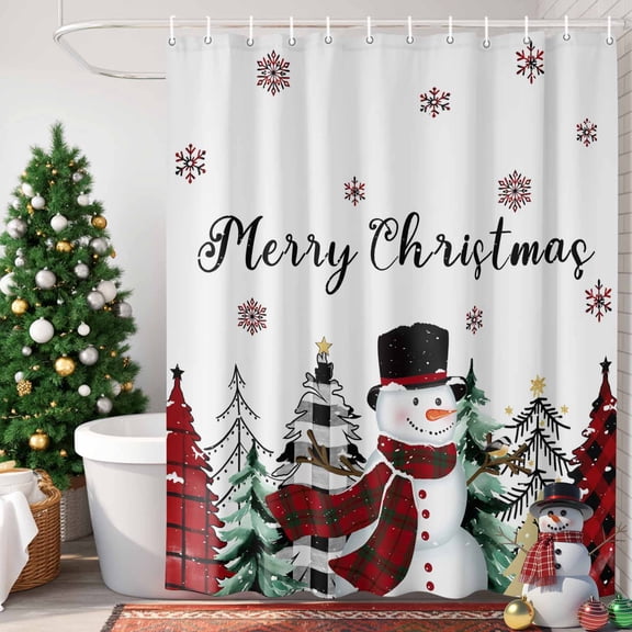 Merry Christmas Shower Curtain, 36" x 72", Christmas Snowman Snowflakes Tree Waterproof Bathroom Curtain Washable Shower Curtain Set with 12 Hooks