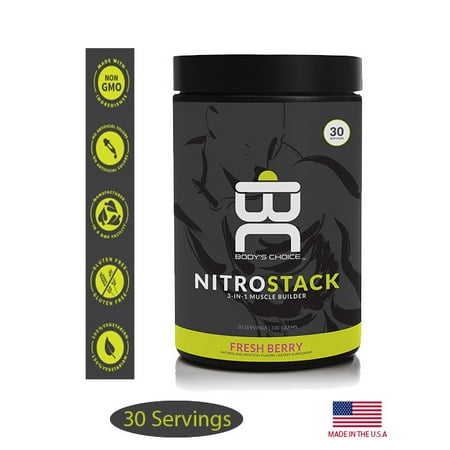 Nitro Tech Ingredients - Body`s Choice, Nitro Stack - Muscle Builder Post Workout Supplement, 3 main Ingredients BCAA, L-Glutamine, Creatine Monohydrate (330 Grams Shake Mix Powder, 30 Servings) Berry Flavor