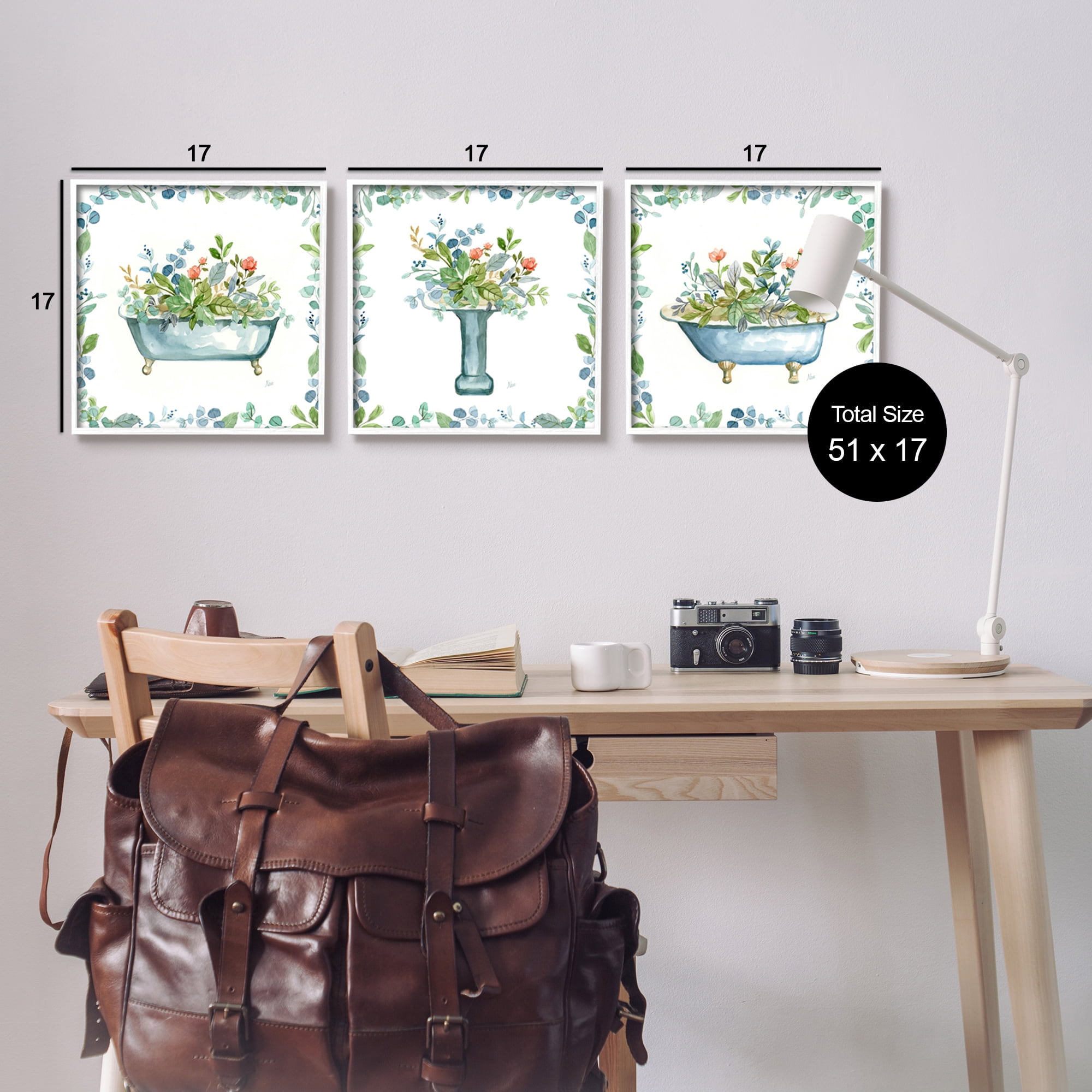 Stupell Industries Watercolor Floral Bathroom Botanical & Floral Painting White Framed Art Print Wall Art, 17 x 17, Set of 3