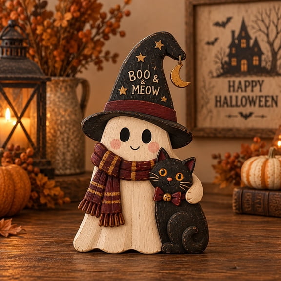 Three Layer Wooden Tabletop Decoration with Halloween Ghost and Black Cat for Spooky Season