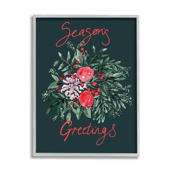 Stupell Industries Festive Winter Holly Wreath Season's Greetings Sentiment Glam Painting Gray Framed Art Print Wall Art, 11 x 14, Design by Kate Eldridge