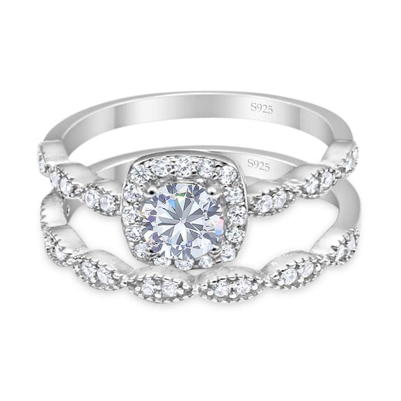 Moissanite Size-5 Two Piece Art Deco Round Vintage Style Cushion Cut Halo CZ Wedding Set Engagement Ring 925 Sterling Silver Gifts For Her