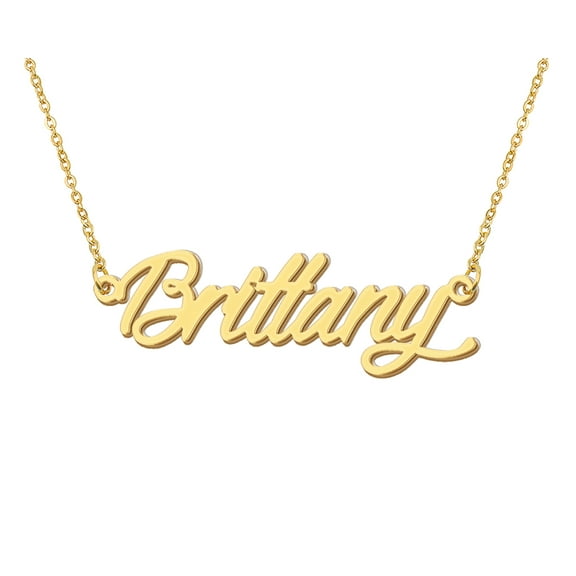 HUAN XUN 18k Gold Plated Brittany Name Necklace Stainless Steel Nameplate Necklaces for Womens Mens Mother Day Christmas Jewelry Gift