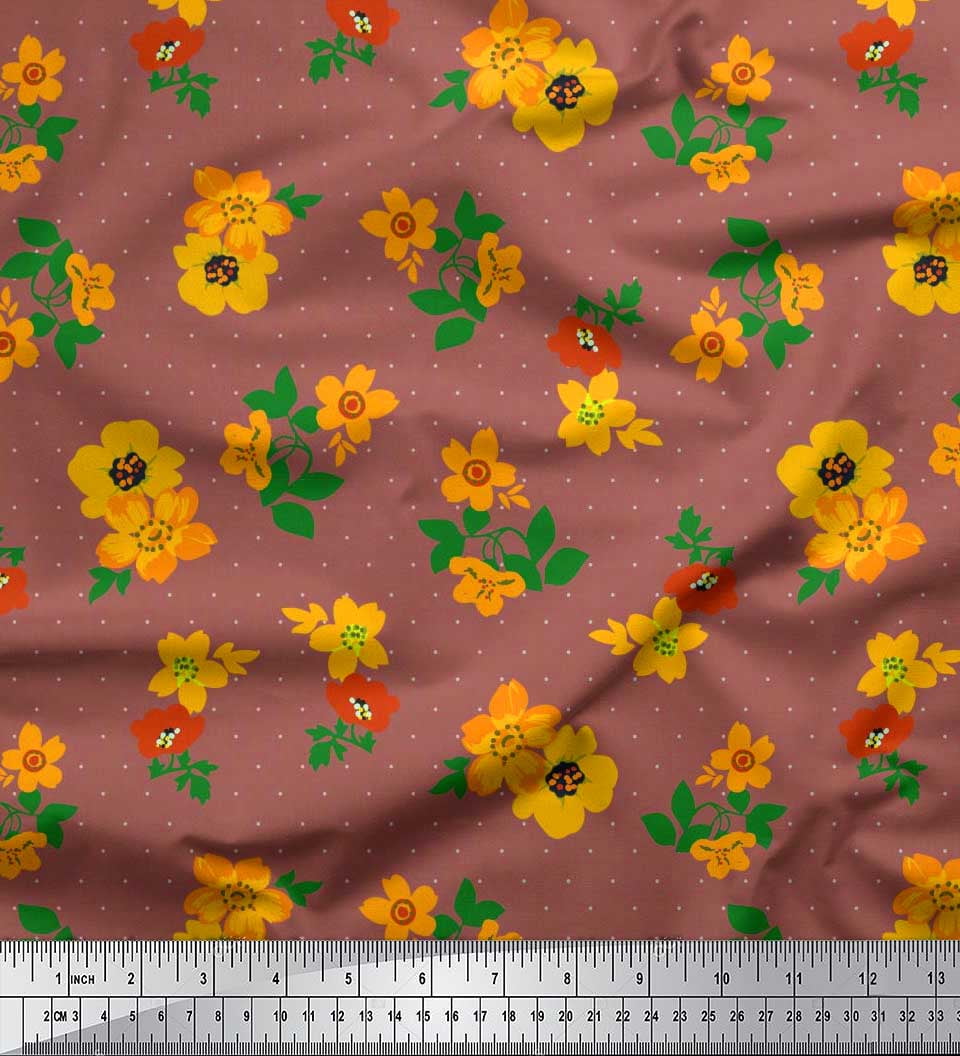 Soimoi Cotton Canvas Fabric Leaves & Buttercup Floral Printed