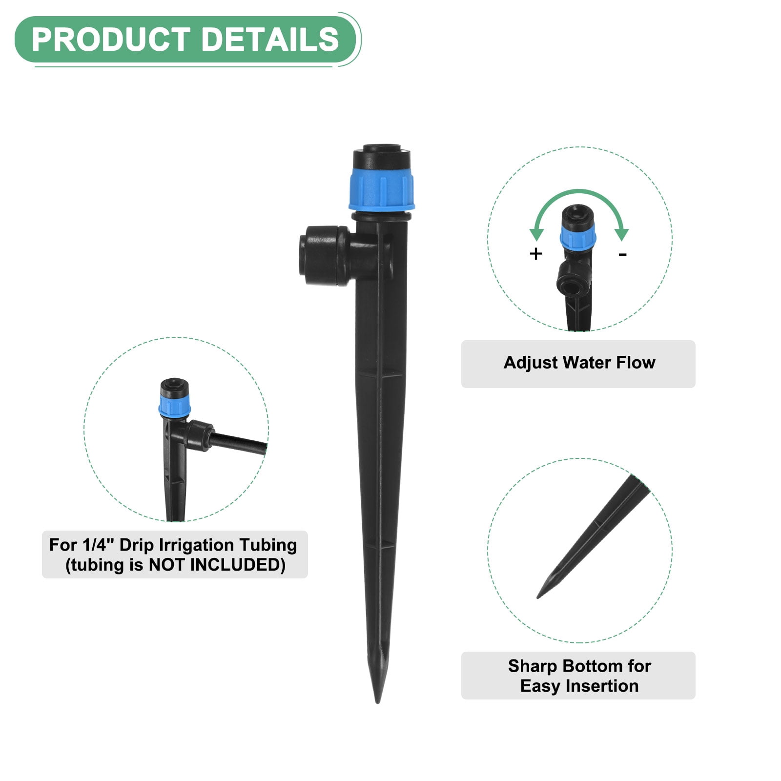Uxcell 50-Pack Drip Irrigation Emitters, Adjustable 360 Degree Water Flow for 1/4" Tubing [Blue, Drip]