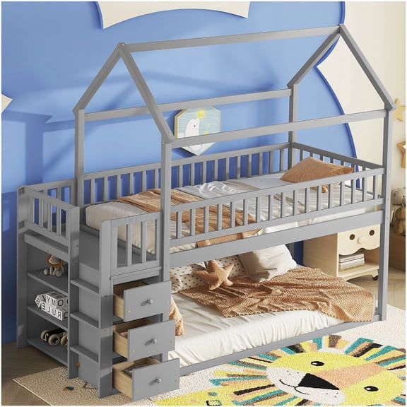 CHAMPFLAG Space-Saving Grey Wood Loft Bed with Storage, Twin Bunk Bed with House Roof Design