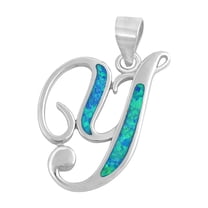 Sterling Silver Initial Y Blue Simulated Opal Pendant Charm 925 New Jewelry Female Unisex